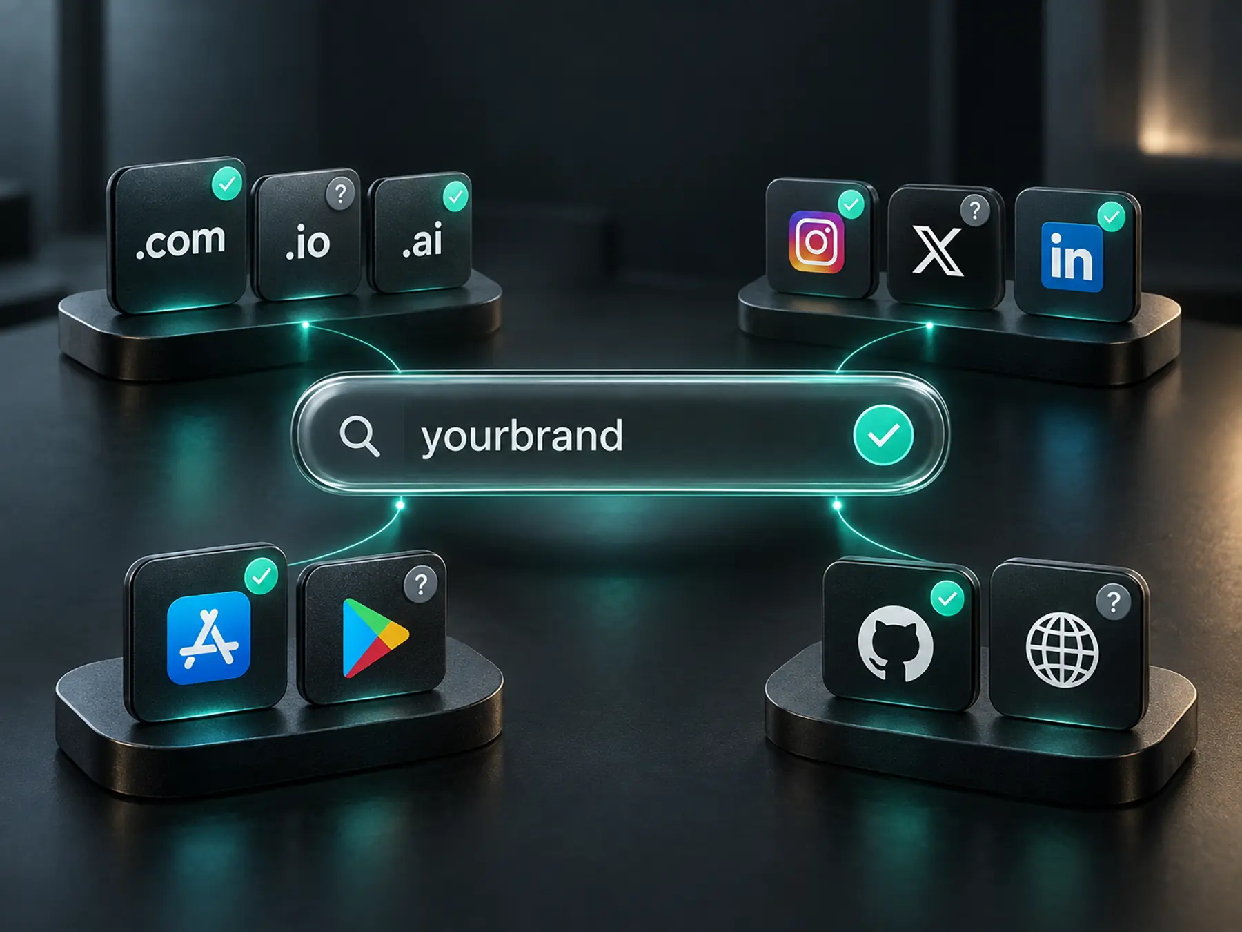 Editorial illustration of a proposed brand name connecting to domain, social, app store, and developer platform availability checks