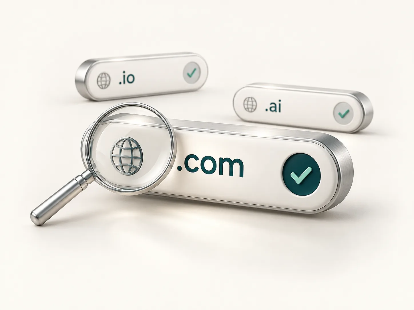 Magnifying glass confirming a .com domain name is available with a verified checkmark