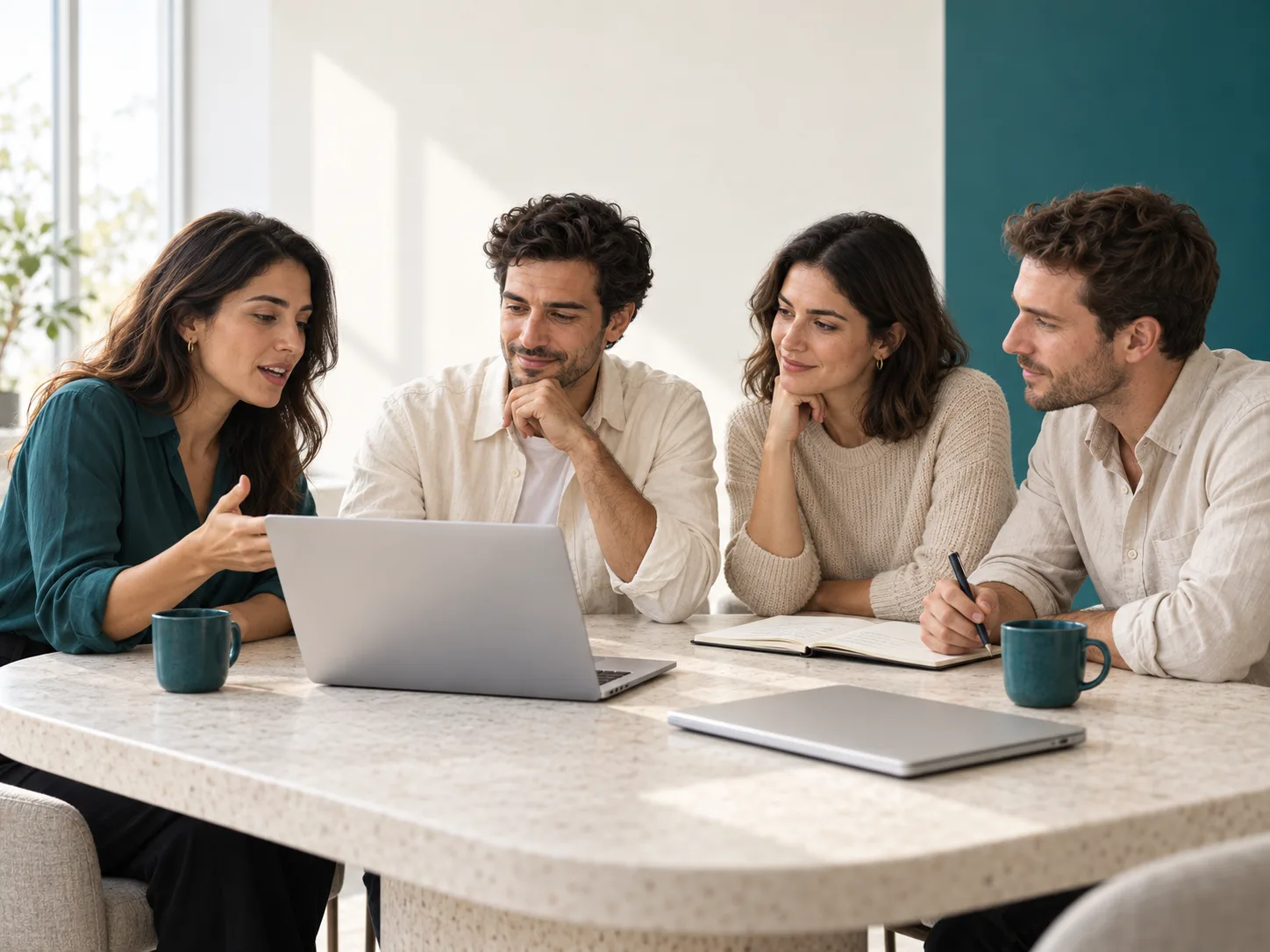 Team comparing multiple brand name candidates together across laptops